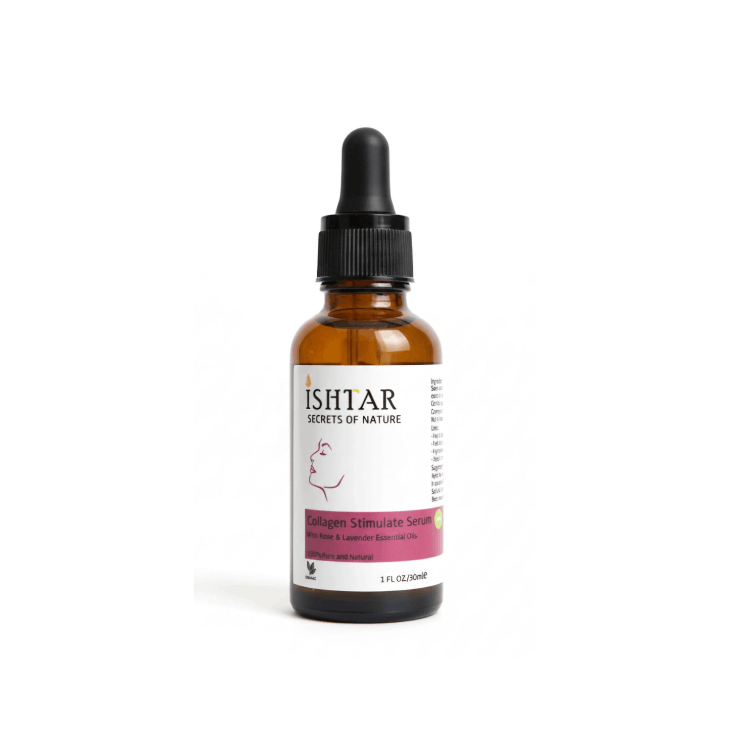 Ishtar Collagen Stimulate Serum with rose and lavender essential oils in amber glass dropper bottle