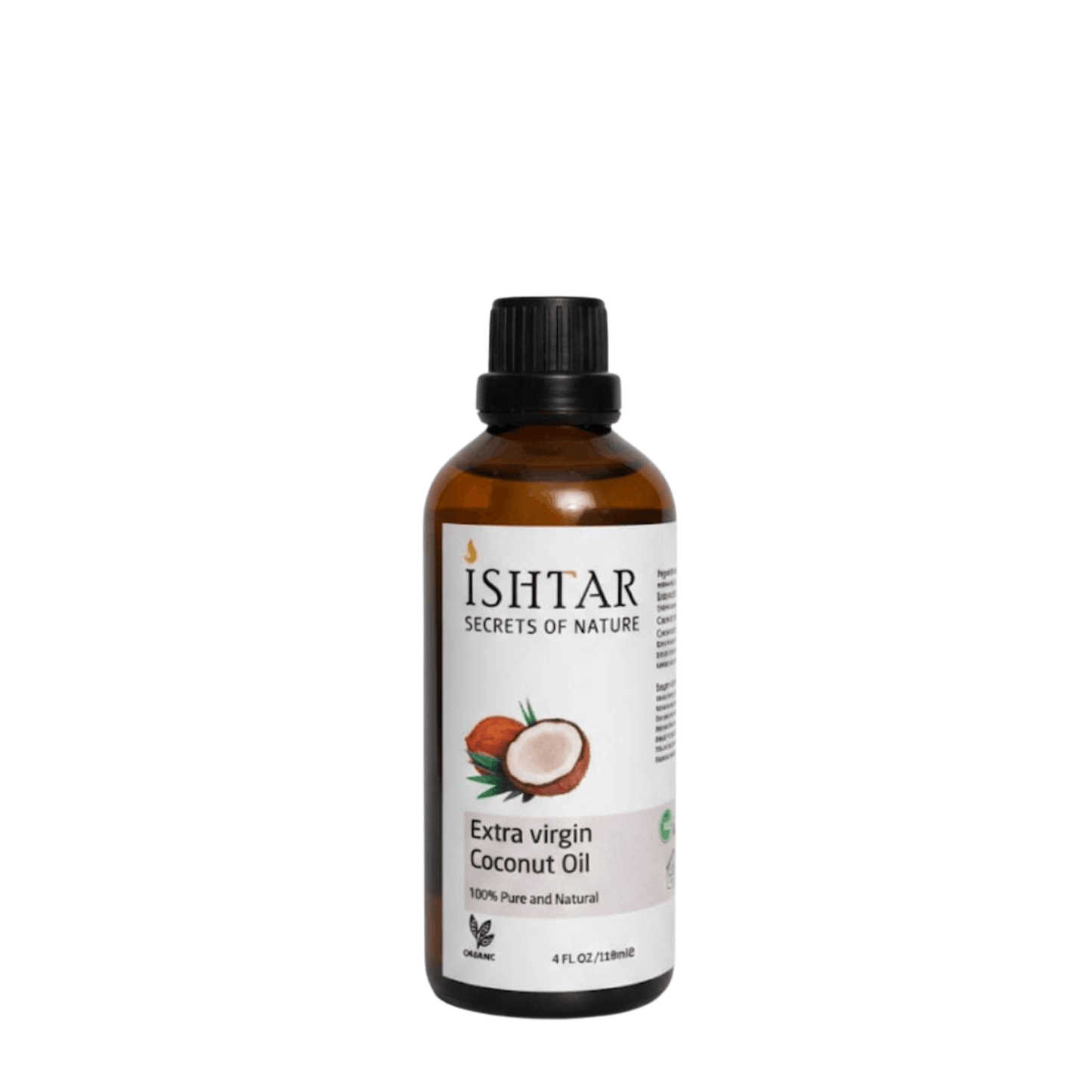 Ishtar Extra Virgin Coconut Oil 100% pure and natural in amber glass bottle for skin, hair, and wellness use