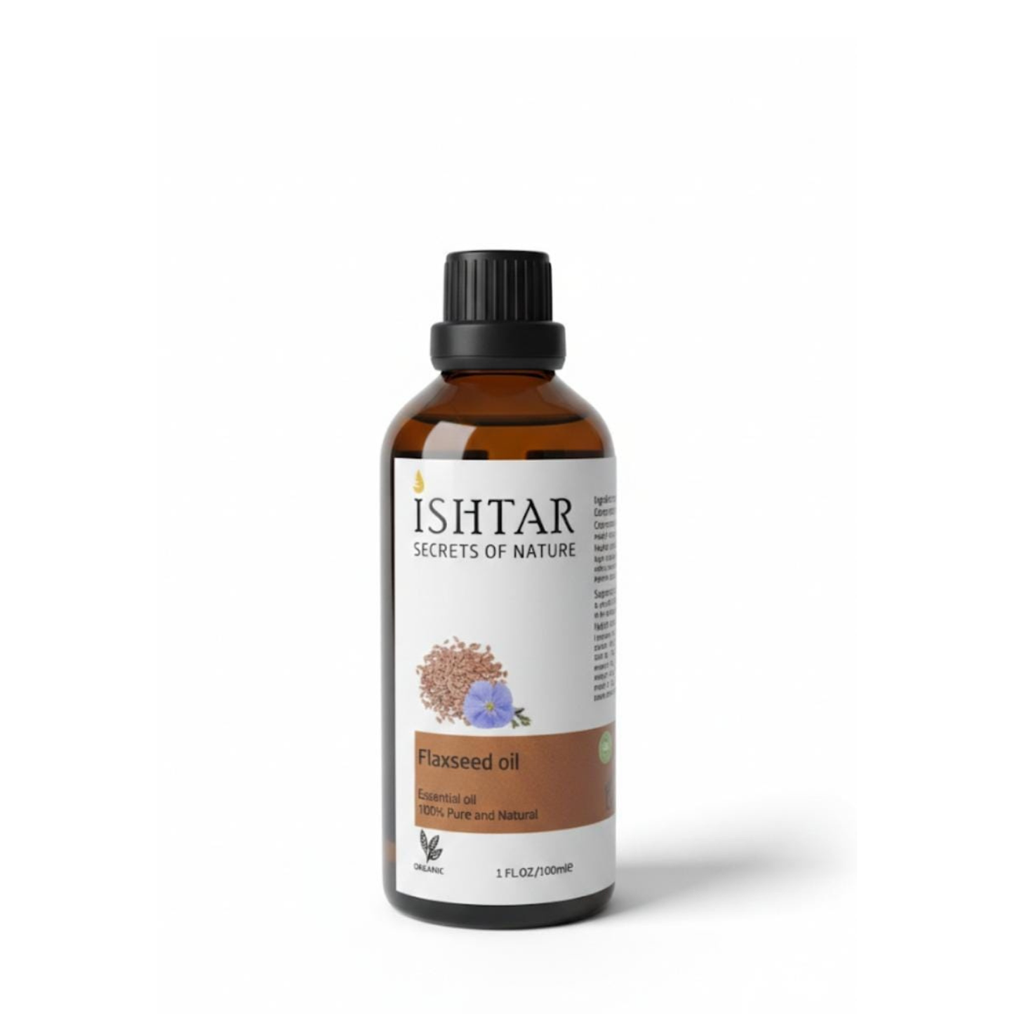 Ishtar Secrets of Nature flaxseed oil bottle, 100% pure and natural oil in amber glass packaging