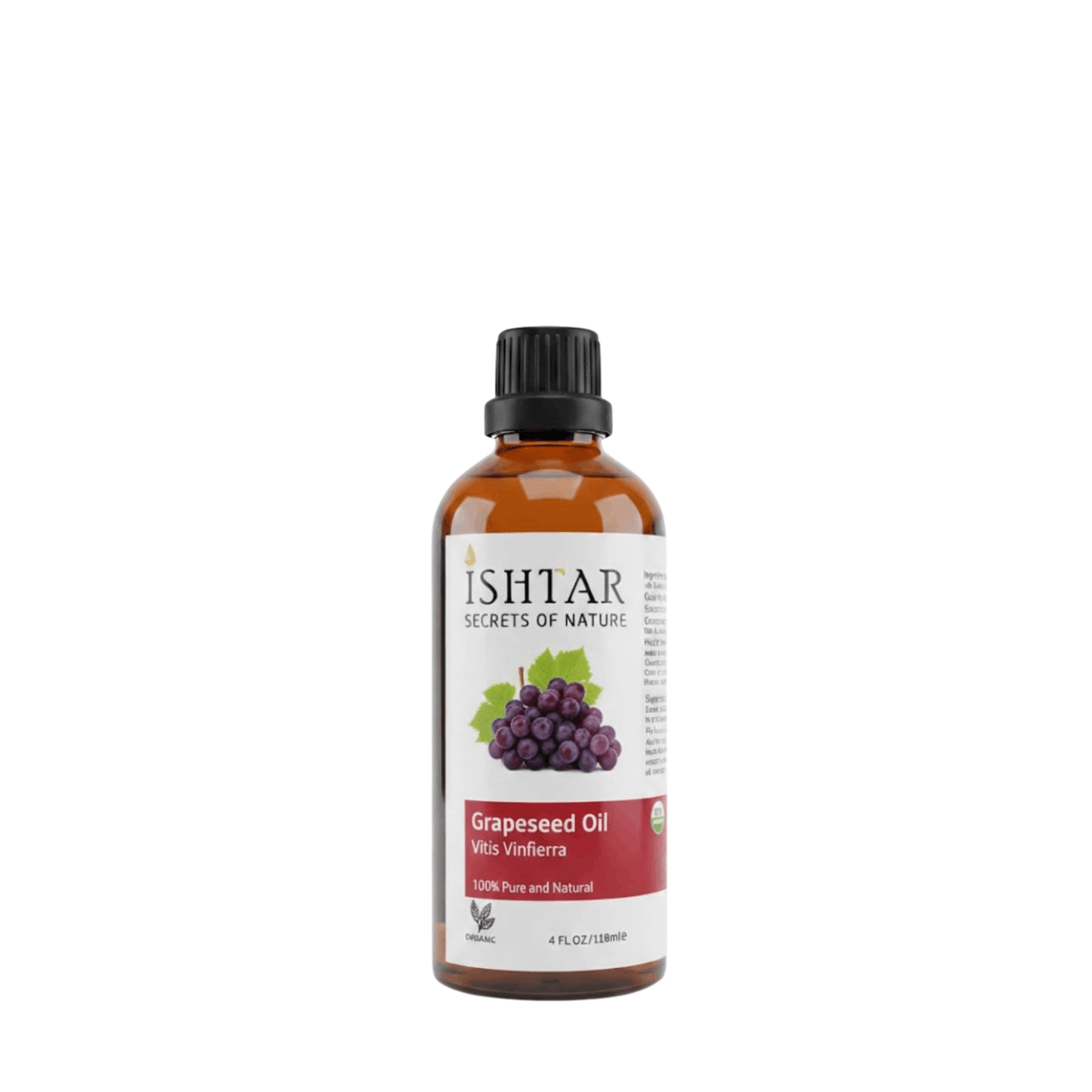 Ishtar Grapeseed Oil (Vitis vinifera) 100% pure and natural, organic grapeseed oil in amber glass bottle for skin, hair, and massage use