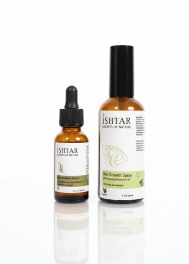 Ishtar Secrets of Nature hair growth serum and hair growth spray for natural scalp care and stronger hair.