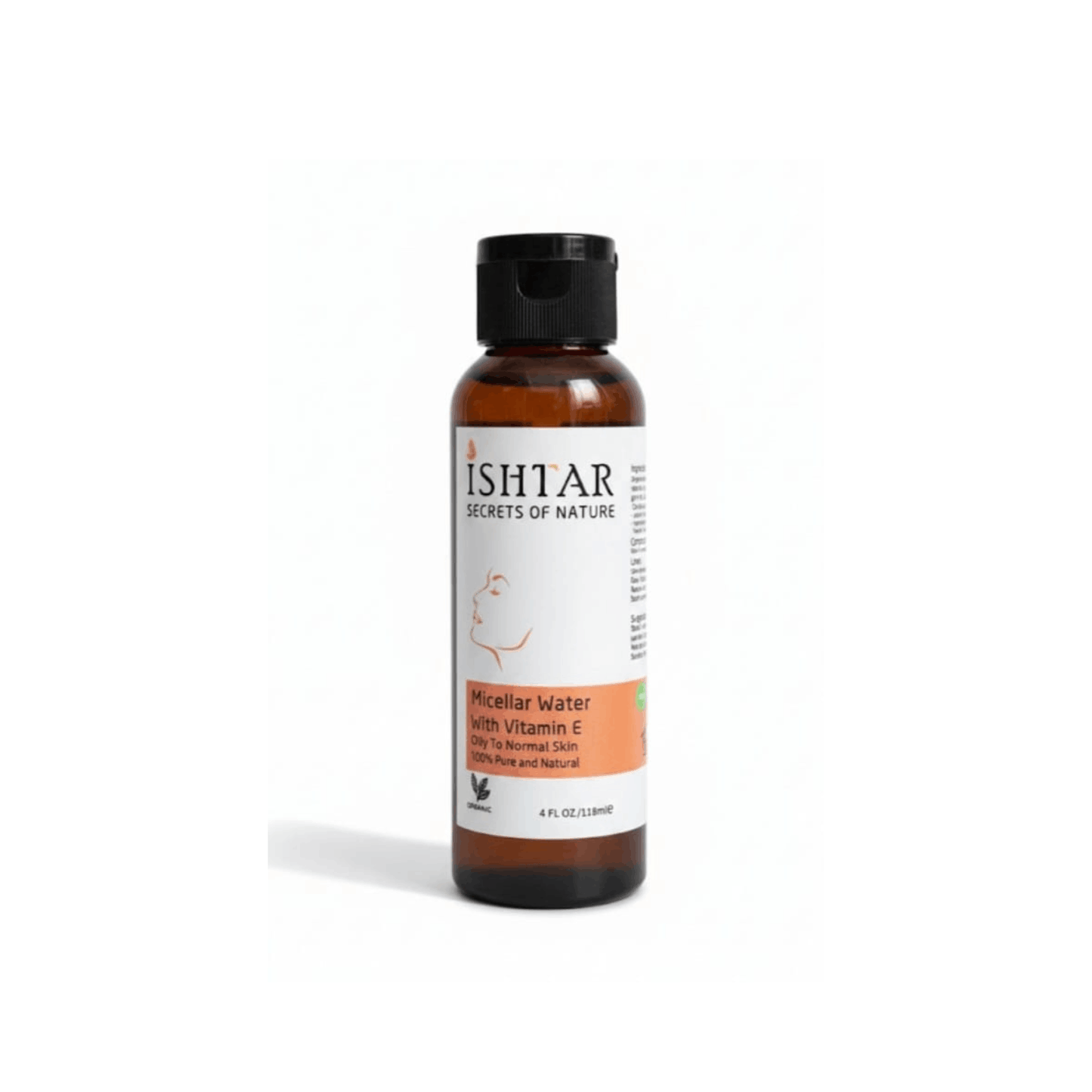 ISHTAR Micellar Water with Vitamin E for dry to normal skin, 100% pure and natural facial cleanser in amber bottle