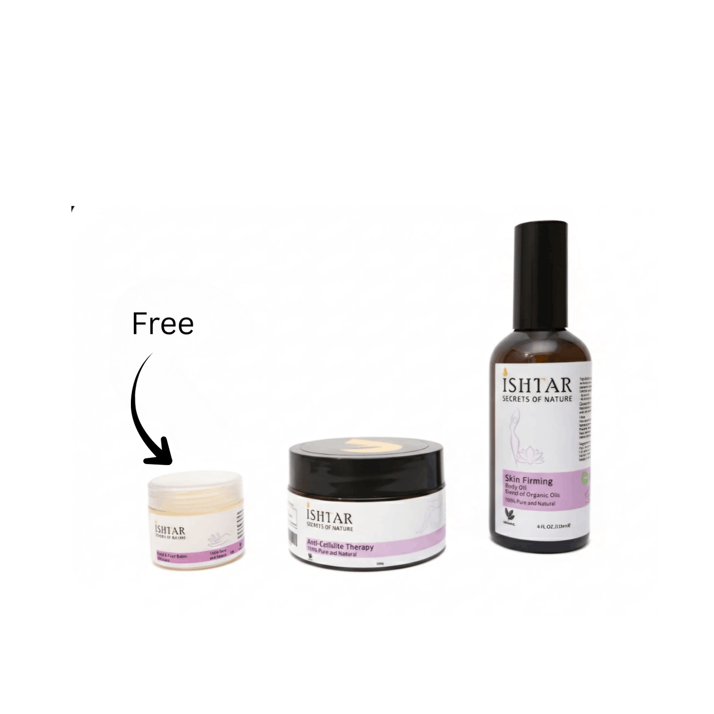Ishtar skin firming and anti-cellulite body care bundle featuring skin firming body oil, anti-cellulite therapy cream, and free nourishing balm on white background