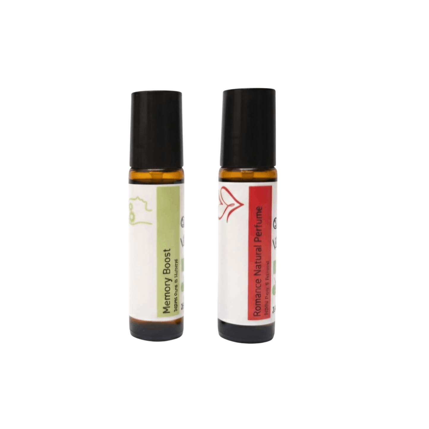 Two natural roll-on perfumes labeled Memory Boost and Romance Natural Perfume in amber glass bottles with black caps