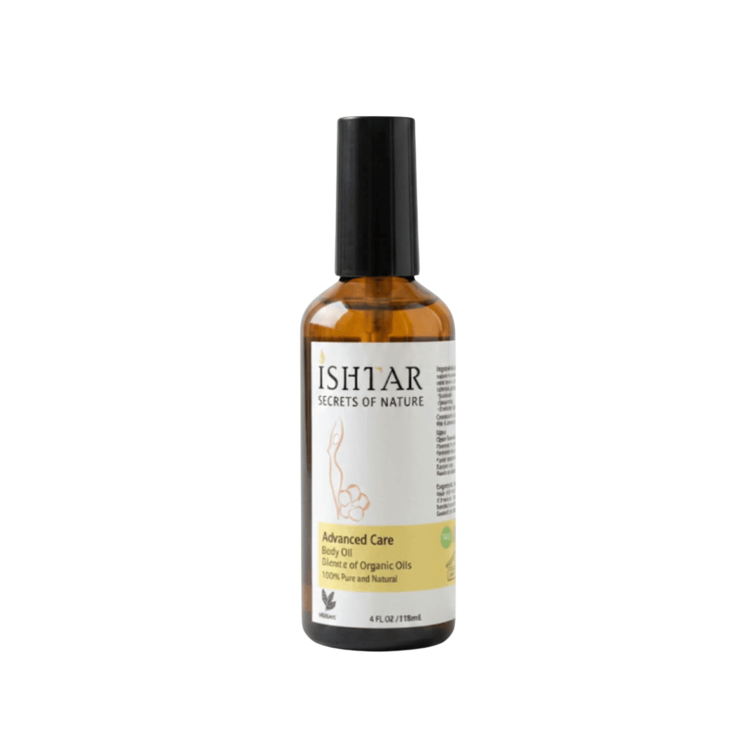 Ishtar Advanced Care body oil blend, 100% pure and natural organic oils in amber glass bottle