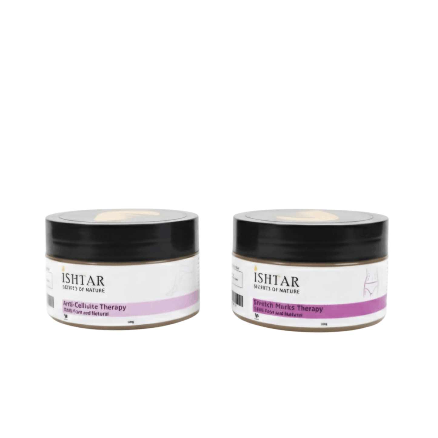 ISHTAR Anti-Cellulite Therapy and Stretch Marks Therapy natural body creams in black-lid jars