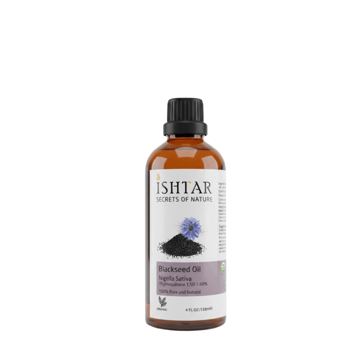 Ishtar Blackseed Oil (Nigella sativa) 100% pure and natural, cold-pressed black seed oil in amber glass bottle for wellness, skin, and hair care
