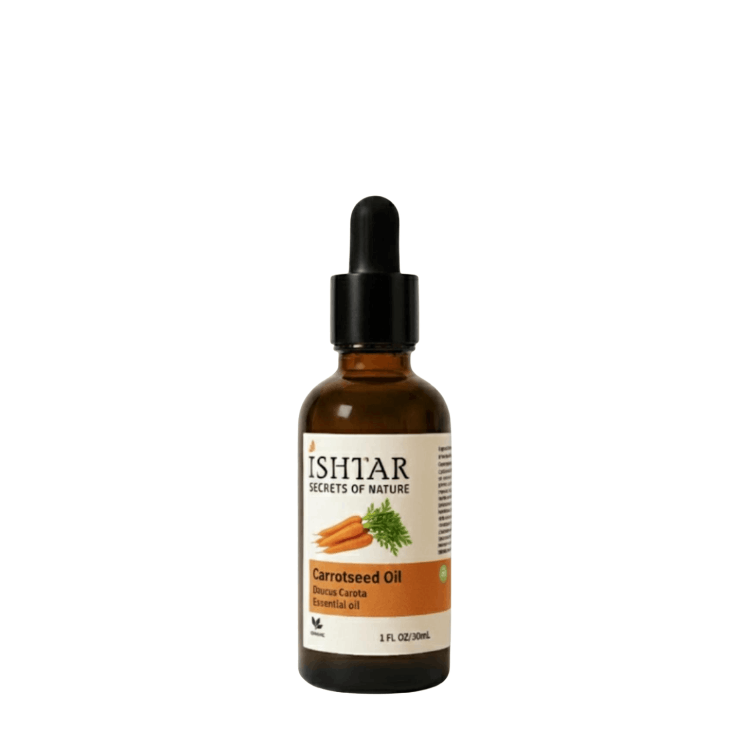 Ishtar carrot seed essential oil in amber glass dropper bottle, 100% pure and natural