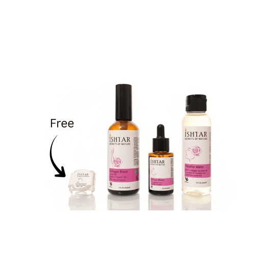 Ishtar Collagen Boost skincare bundle including collagen boost body oil, collagen booster serum, collagen micellar water, and a free eye cream displayed on a white background