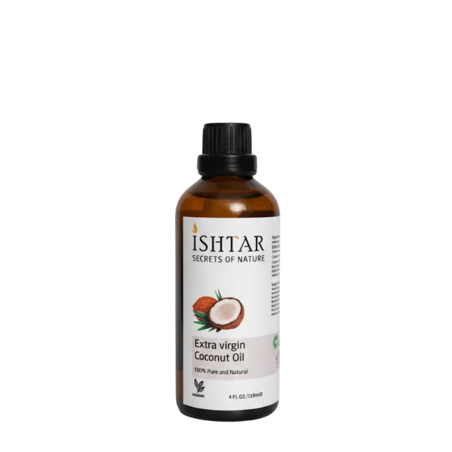 Ishtar Extra Virgin Coconut Oil 100% pure and natural in amber glass bottle for skin, hair, and wellness use