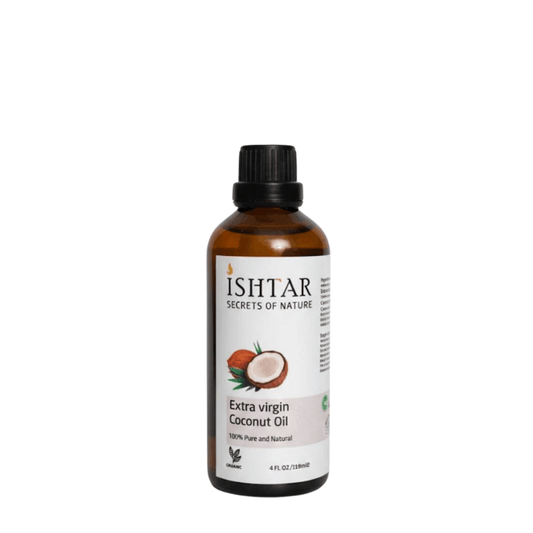 Ishtar Extra Virgin Coconut Oil 100% pure and natural in amber glass bottle for skin, hair, and wellness use