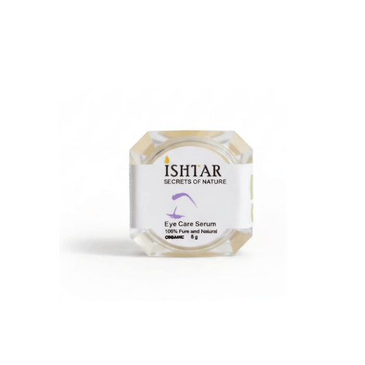 ISHTAR Eye Care Serum 100% pure and natural organic eye serum in clear jar for delicate under-eye care