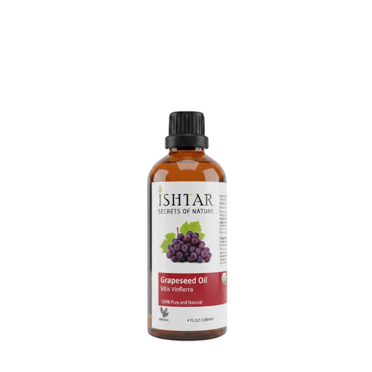 Ishtar Grapeseed Oil (Vitis vinifera) 100% pure and natural, organic grapeseed oil in amber glass bottle for skin, hair, and massage use