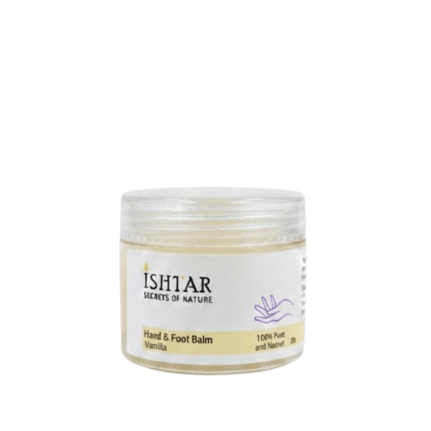 “Ishtar Secrets of Nature hand and foot balm with vanilla, 100% pure and natural moisturizing balm in cosmetic jar