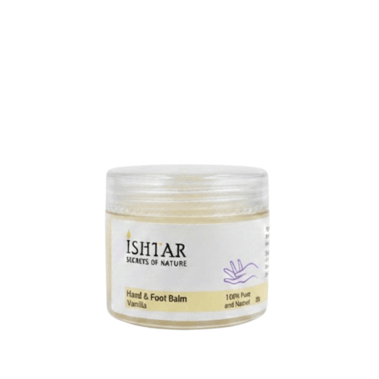 “Ishtar Secrets of Nature hand and foot balm with vanilla, 100% pure and natural moisturizing balm in cosmetic jar