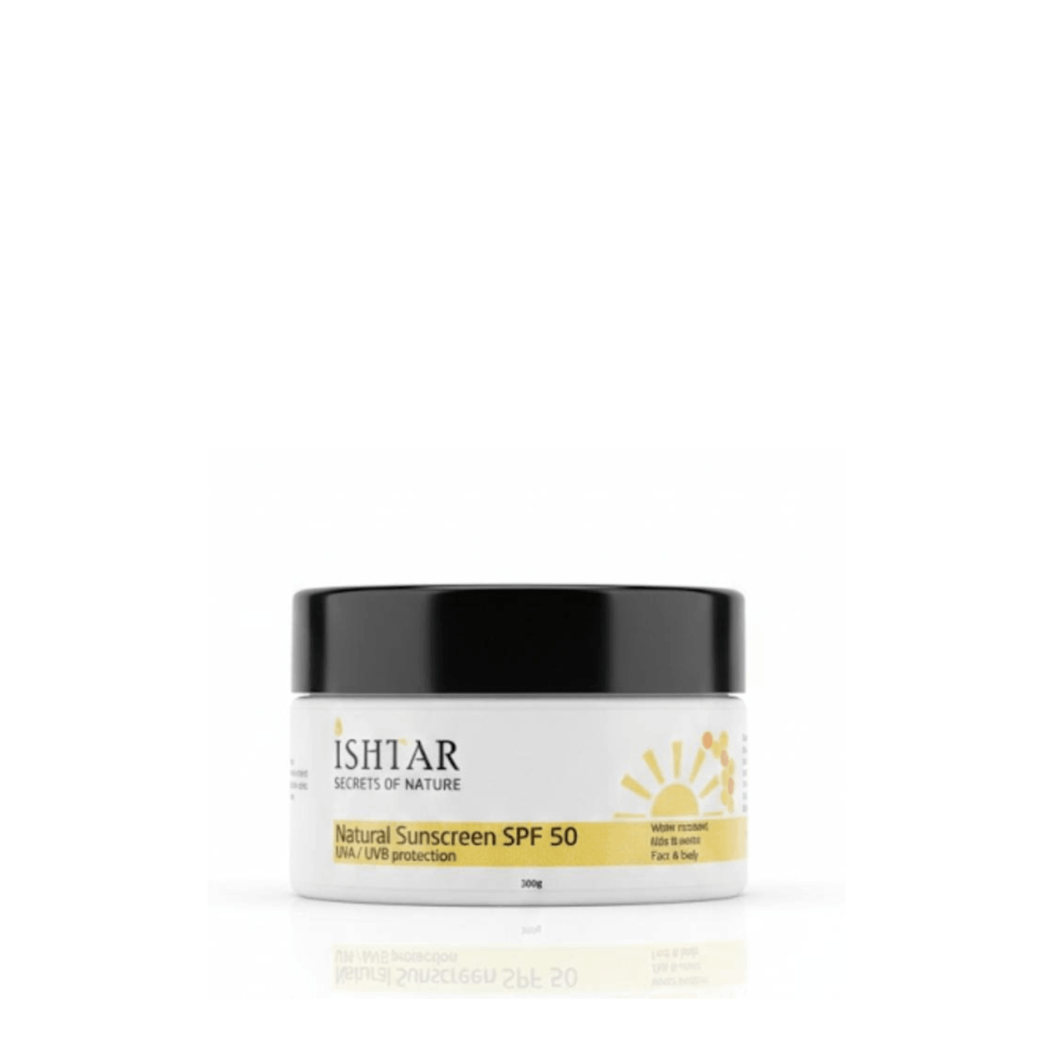 Ishtar Secrets of Nature natural sunscreen SPF 50, UVA and UVB protection cream in cosmetic jar, 200 gr