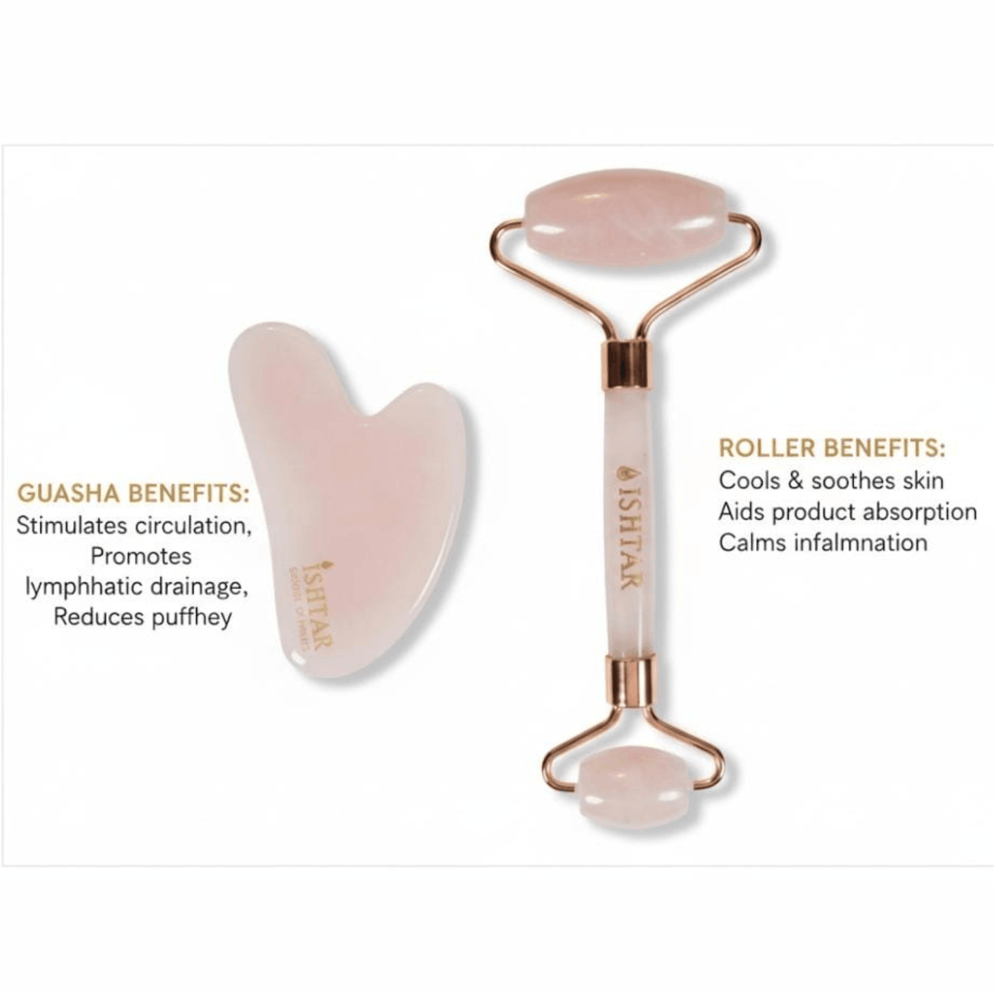 Ishtar rose quartz facial roller and gua sha set for skincare, cooling massage tools that promote circulation, lymphatic drainage, and product absorption