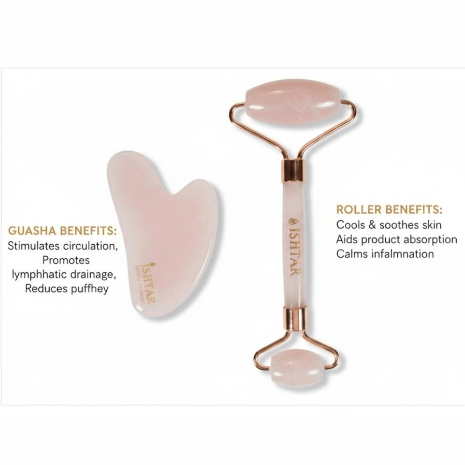 Ishtar rose quartz facial roller and gua sha set for skincare, cooling massage tools that promote circulation, lymphatic drainage, and product absorption