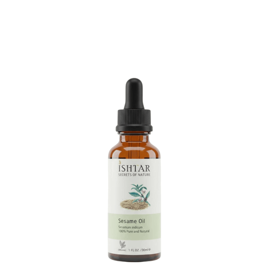 Ishtar sesame oil dropper bottle, 100% pure and natural sesame oil in amber glass bottle