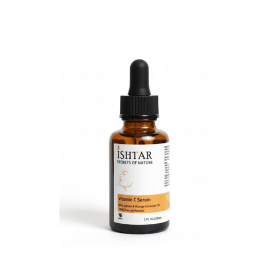ISHTAR Vitamin C Serum with lemon and orange essential oils, 100% pure and natural brightening face serum in amber dropper bottle