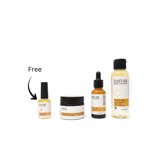 Ishtar Vitamin C skincare bundle featuring micellar water with vitamin C, vitamin C serum, vitamin C face cream, and a free cuticle oil displayed on a white background