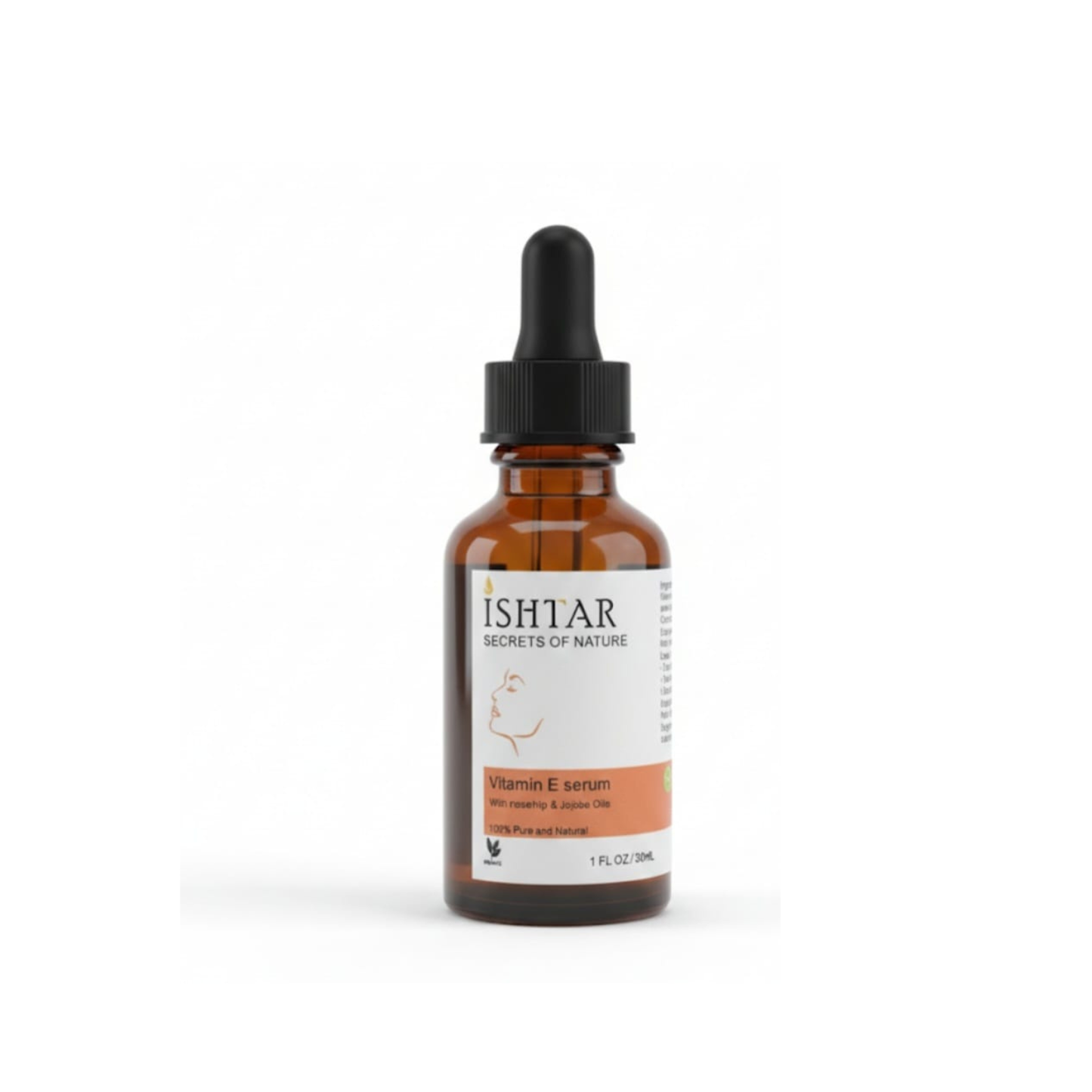 ISHTAR Vitamin E Serum with rosehip and jojoba oils, 100% pure and natural facial serum in amber dropper bottle